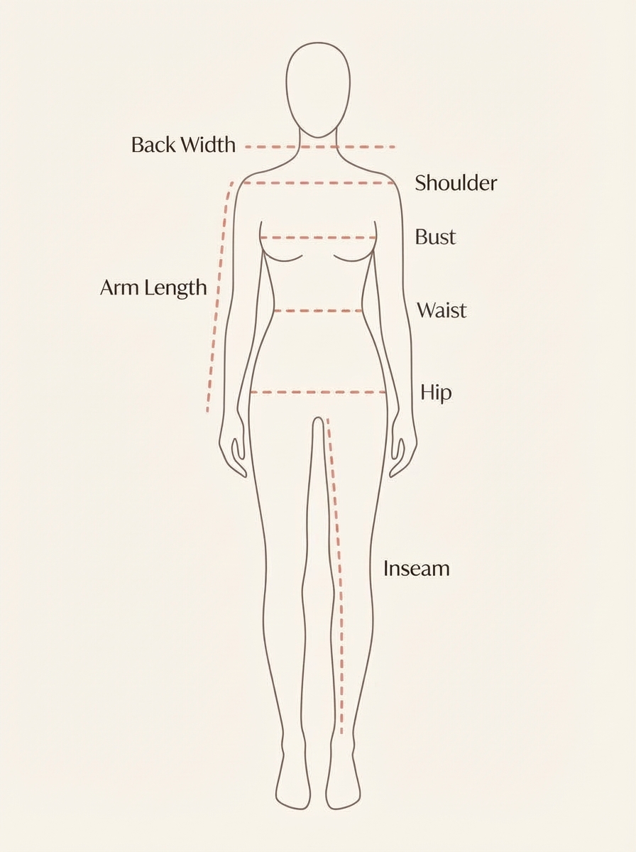 Body measurement guide showing bust, waist, hip, inseam, shoulder, arm, and back width points